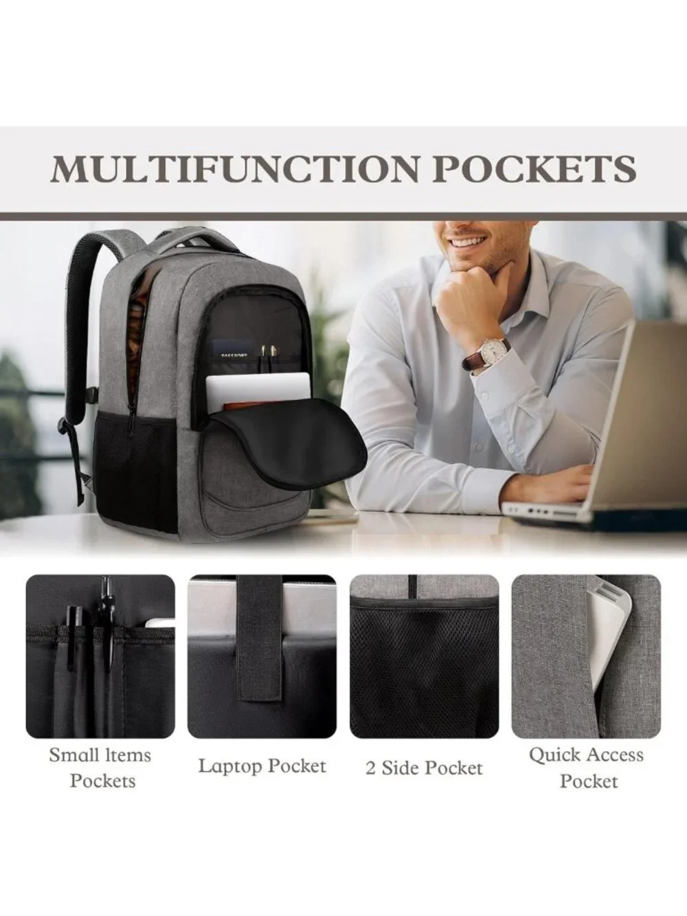 Water Resistant Travel Backpack, Slim Laptop Daypack for College & Work, Grey